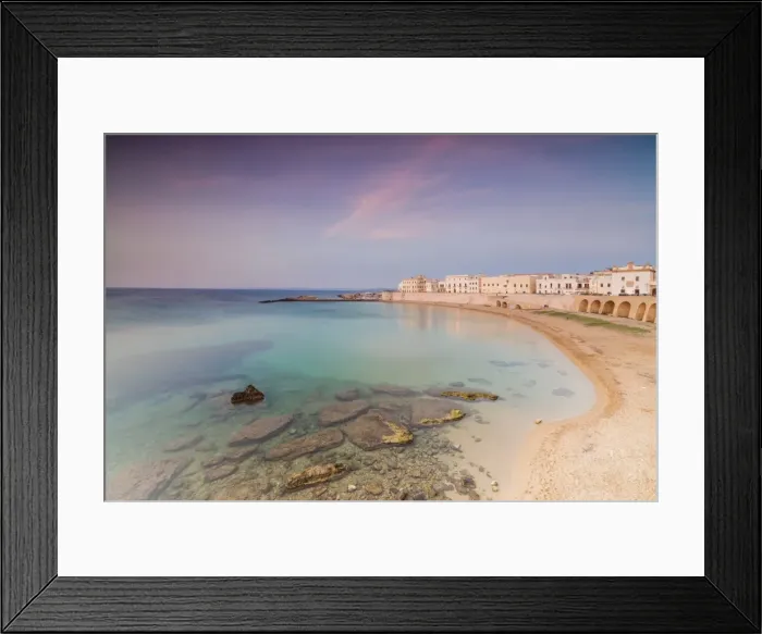 Framed Print : Turquoise sea frames the beach and the medieval old town at sunset Gallipoli, Province of Lecce Framed Print : Turquoise sea frames the beach and the medieval old town at sunset Gallipoli, Province of Lecce
