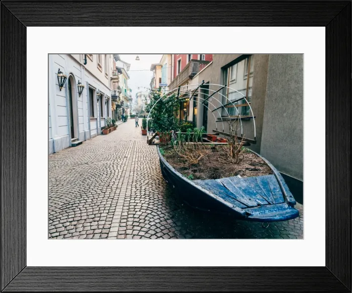 Framed Print : A boat filled with plants on a street in Stresa, Piedmont, Italy, Europe Framed Print : A boat filled with plants on a street in Stresa, Piedmont, Italy, Europe
