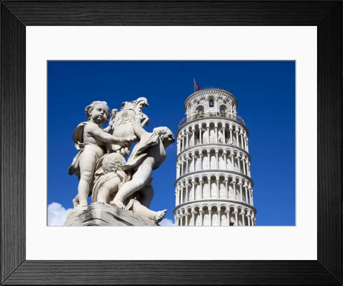 Framed Print : The Leaning Tower of Pisa, campanile or bell tower, Fontana dei Putti, Piazza del Duomo Framed Print : The Leaning Tower of Pisa, campanile or bell tower, Fontana dei Putti, Piazza del Duomo