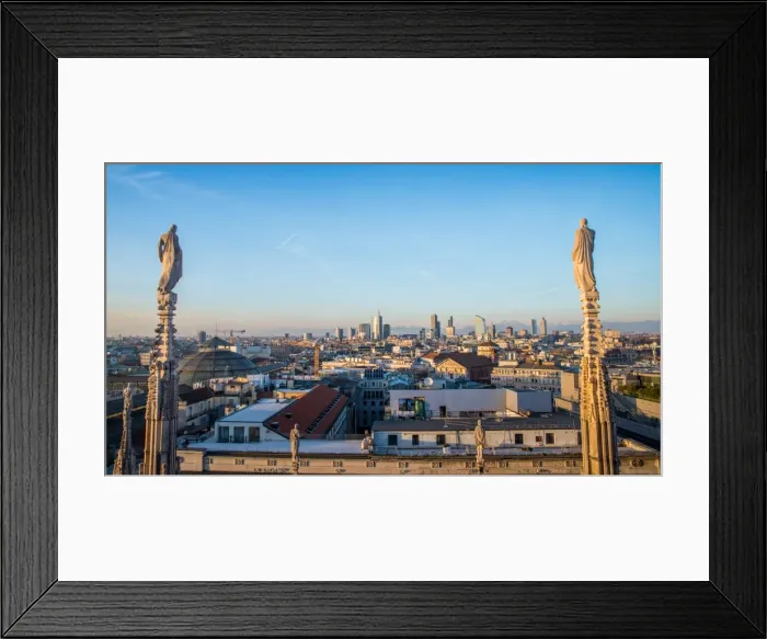 Framed Print : Downtown Milan as seen through the roof of the citys famous Duomo cathedral, Milan Framed Print : Downtown Milan as seen through the roof of the citys famous Duomo cathedral, Milan