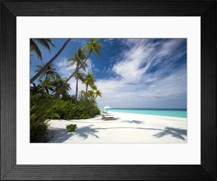 Framed Print : Lounge chairs under shade of umbrella on tropical beach, Maldives, Indian Ocean, Asia Framed Print : Lounge chairs under shade of umbrella on tropical beach, Maldives, Indian Ocean, Asia