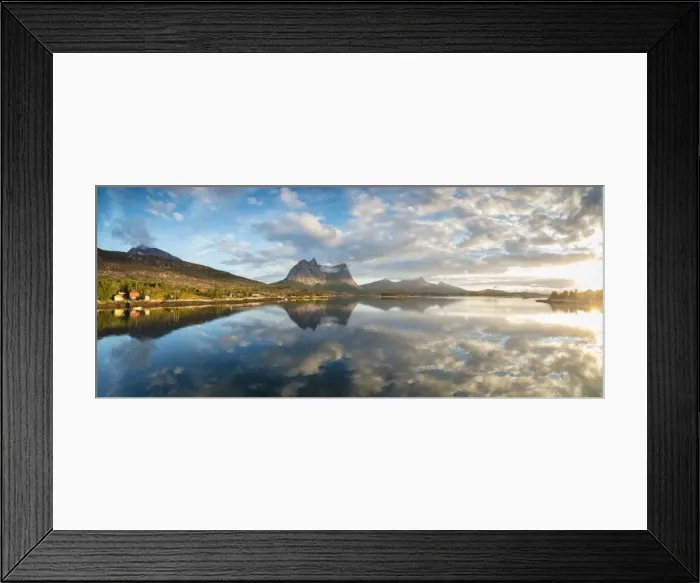 Framed Print : Panorama of pink clouds reflected in the clear blue sea at midnight sun, Anepollen Fjord Framed Print : Panorama of pink clouds reflected in the clear blue sea at midnight sun, Anepollen Fjord