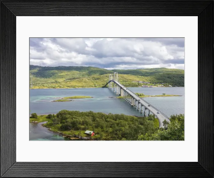 Framed Print : Green hills and turquoise sea frame the suspension road bridge in Tjeldsundbrua, Troms county Framed Print : Green hills and turquoise sea frame the suspension road bridge in Tjeldsundbrua, Troms county