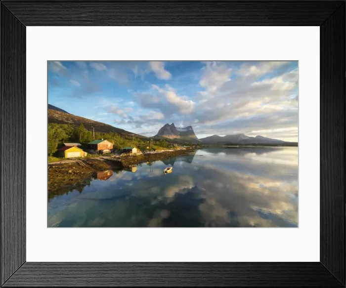 Framed Print : Pink clouds of midnight sun reflected in the clear water of blue sea, Anepollen Fjord Framed Print : Pink clouds of midnight sun reflected in the clear water of blue sea, Anepollen Fjord