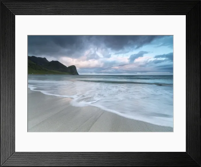 Framed Print : Pink clouds of midnight sun reflected on the blue sea and sandy beach, Unstad, Vestvagoy Framed Print : Pink clouds of midnight sun reflected on the blue sea and sandy beach, Unstad, Vestvagoy