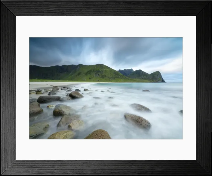 Framed Print : The midnight sun lights up the waves of the blue sea, Unstad, Vestvagoy, Lofoten Islands Framed Print : The midnight sun lights up the waves of the blue sea, Unstad, Vestvagoy, Lofoten Islands