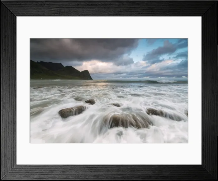 Framed Print : Lights of midnight sun lights up the waves of the blue sea, Unstad, Vestvagoy, Lofoten Islands Framed Print : Lights of midnight sun lights up the waves of the blue sea, Unstad, Vestvagoy, Lofoten Islands