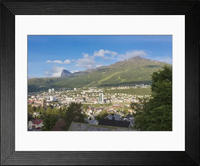Framed Print : Bell tower and houses of the city surrounded by rocky peaks and green hills, Narvik Framed Print : Bell tower and houses of the city surrounded by rocky peaks and green hills, Narvik