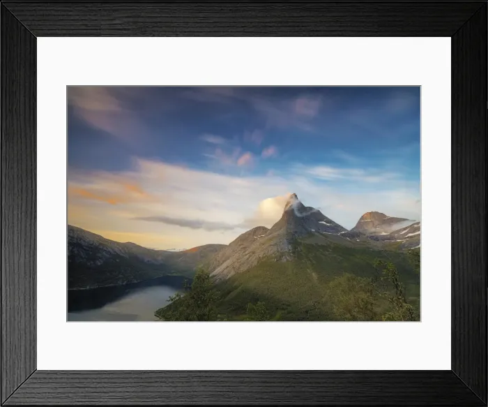 Framed Print : Pink sky and midnight sun light up the rocky peak of the Stetinden mountain surrounded by sea Framed Print : Pink sky and midnight sun light up the rocky peak of the Stetinden mountain surrounded by sea