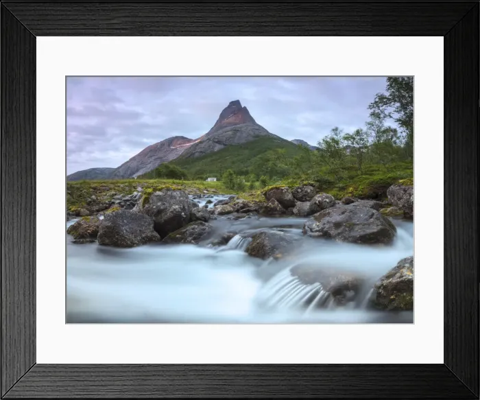 Framed Print : Waterfall frames the Stetinden mountain peak illuminated by midnight sun, Tysfjord Framed Print : Waterfall frames the Stetinden mountain peak illuminated by midnight sun, Tysfjord