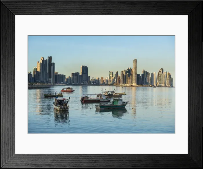Framed Print : Little fishing boats and the skyline of Panama City, Panama, Central America Framed Print : Little fishing boats and the skyline of Panama City, Panama, Central America