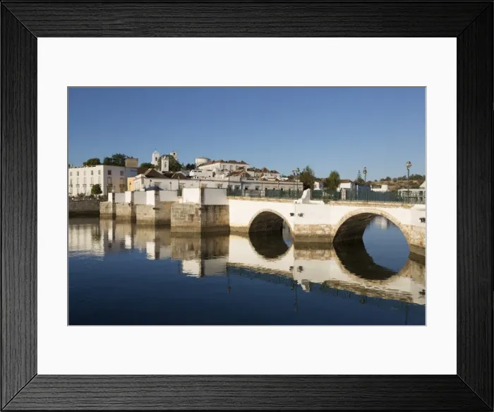 Framed Print : Seven arched Roman bridge and town on the Rio Gilao river, Tavira, Algarve, Portugal