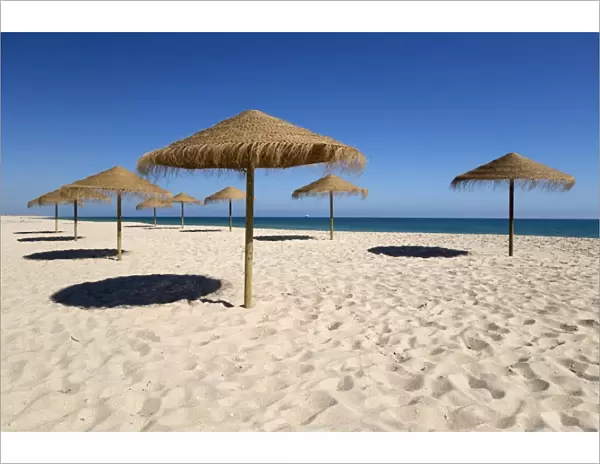 Straw umbrellas on empty white sand beach with clear sea behind, Ilha do Farol, Culatra