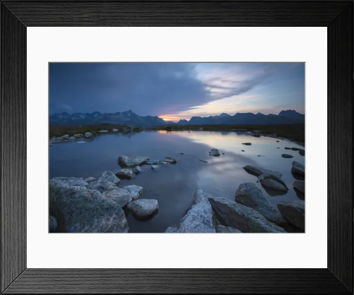 Framed Print : The lights of sunrise reflected in the alpine lake, Muottas Muragl, Samedan, Canton of Graubunden Framed Print : The lights of sunrise reflected in the alpine lake, Muottas Muragl, Samedan, Canton of Graubunden