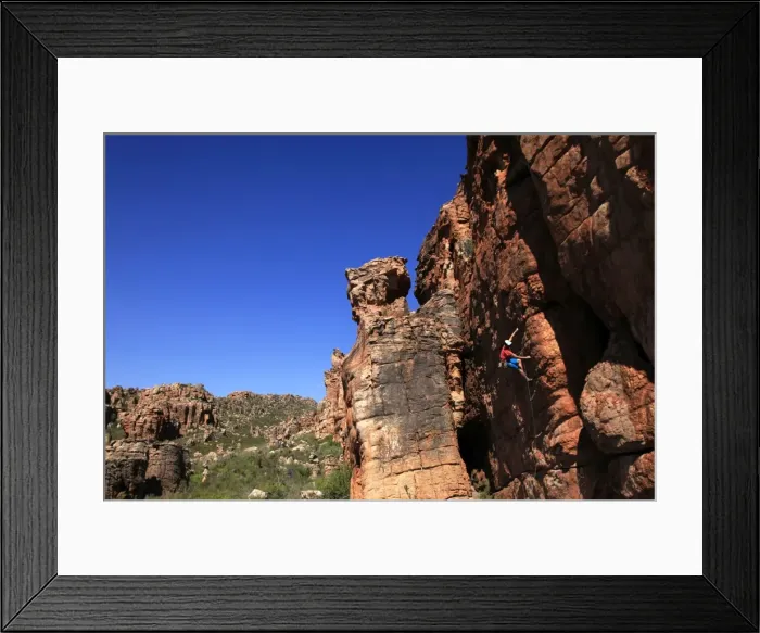 Framed Print : Climber on cliffs in the Cederberg mountains, Western Cape, South Africa, Africa Framed Print : Climber on cliffs in the Cederberg mountains, Western Cape, South Africa, Africa