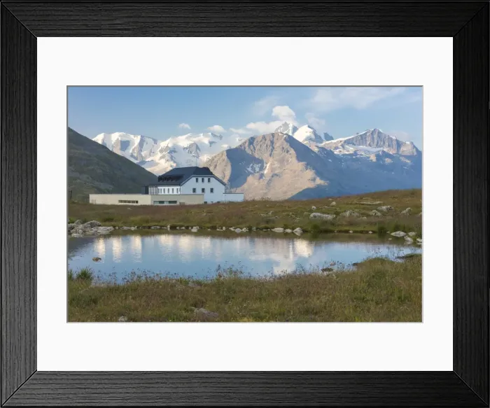 Framed Print : The alpine lake frames the hotel surrounded by peaks, Muottas Muragl, Samedan, Canton of Graubunden Framed Print : The alpine lake frames the hotel surrounded by peaks, Muottas Muragl, Samedan, Canton of Graubunden