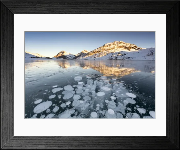 Framed Print : Ice bubbles at sunrise, Bianco Lake, Bernina Pass, Engadine, Switzerland, Europe Framed Print : Ice bubbles at sunrise, Bianco Lake, Bernina Pass, Engadine, Switzerland, Europe