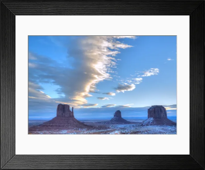 Framed Print : Sunrise, West Mitten Butte on left, East Mitten Butte in centre and Merrick Butte on right Framed Print : Sunrise, West Mitten Butte on left, East Mitten Butte in centre and Merrick Butte on right