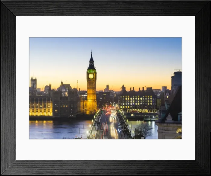 Framed Print : High angle view of Big Ben, the Palace of Westminster and Westminster Bridge at dusk Framed Print : High angle view of Big Ben, the Palace of Westminster and Westminster Bridge at dusk