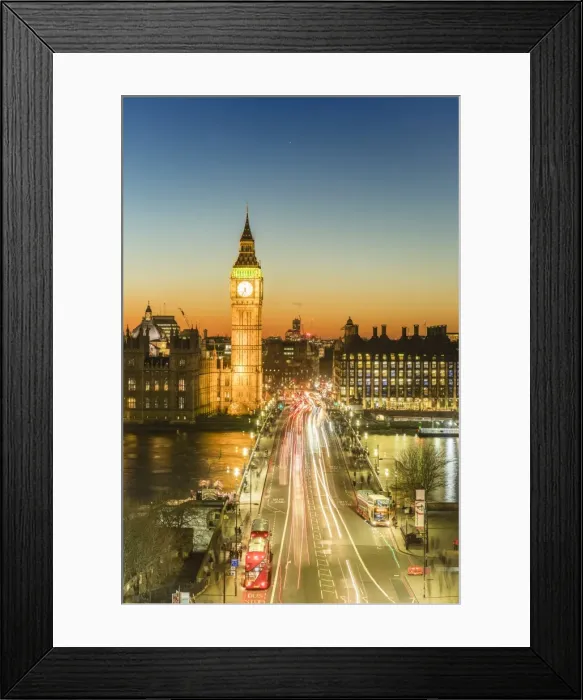 Framed Print : High angle view of Big Ben, the Palace of Westminster and Westminster Bridge at dusk Framed Print : High angle view of Big Ben, the Palace of Westminster and Westminster Bridge at dusk