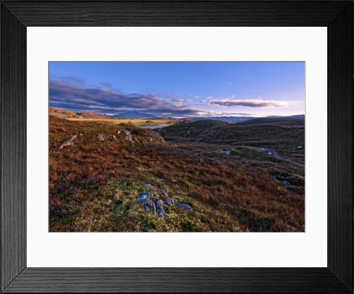 Framed Print : Autumn view of colorful grasses and rocks and misty mountains in the moors of Framed Print : Autumn view of colorful grasses and rocks and misty mountains in the moors of