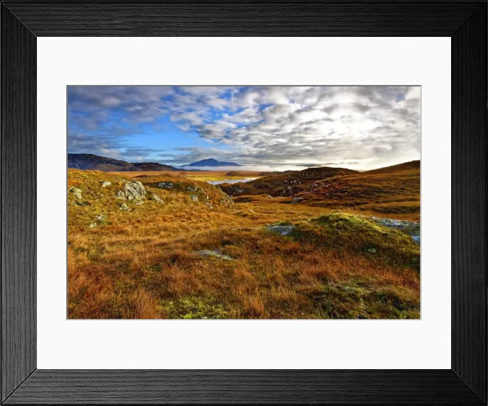 Framed Print : An autumn view of the colorful grass covered hills and moors of Kentra Bay as mist Framed Print : An autumn view of the colorful grass covered hills and moors of Kentra Bay as mist
