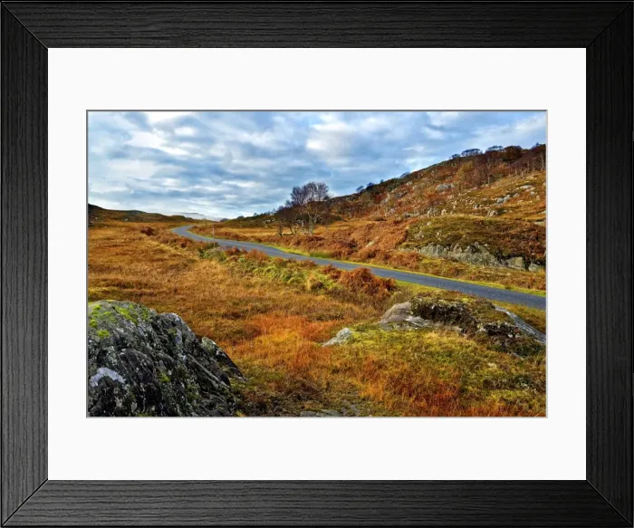 Framed Print : A winter view of a remote winding road through the colorful moors and hills of Ardnamurchan Framed Print : A winter view of a remote winding road through the colorful moors and hills of Ardnamurchan