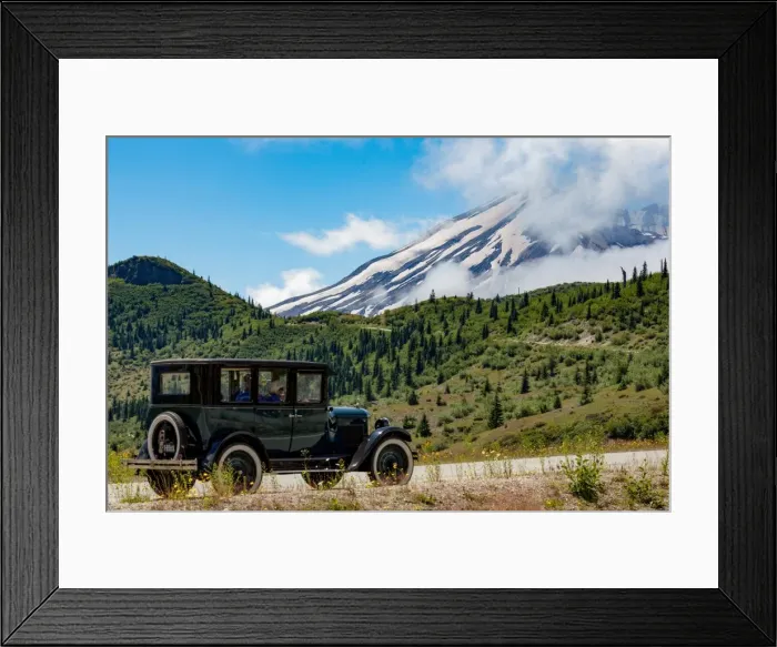 Framed Print : Beautifully restored Vintage American car passing Mount St. Helens, part of the Cascade Range Framed Print : Beautifully restored Vintage American car passing Mount St. Helens, part of the Cascade Range