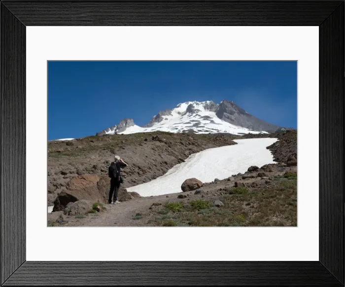 Framed Print : Lady hiker near a glacier on Mount Hood, part of the Cascade Range, Pacific Northwest region Framed Print : Lady hiker near a glacier on Mount Hood, part of the Cascade Range, Pacific Northwest region