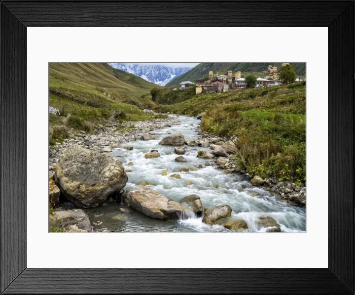 Framed Print : Patara Enguri River and traditional medieval Svanetian tower houses, Ushguli village Framed Print : Patara Enguri River and traditional medieval Svanetian tower houses, Ushguli village