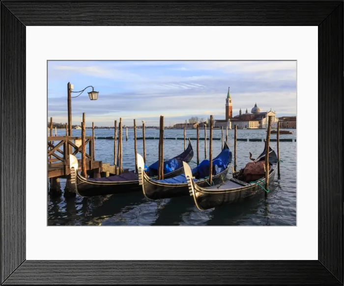 Framed Print : Gondolas, San Marco waterfront at sunset in winter, view to San Giorgio Maggiore Framed Print : Gondolas, San Marco waterfront at sunset in winter, view to San Giorgio Maggiore