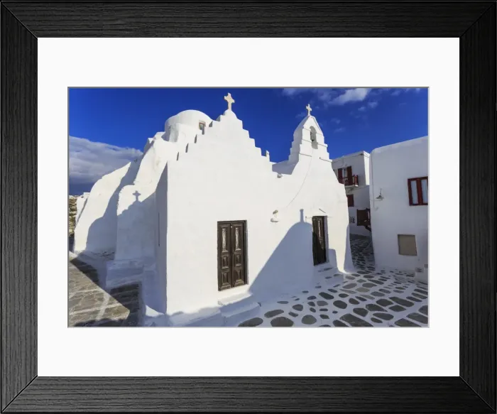 Framed Print : Whitewashed Panagia Paraportiani, Mykonos most famous church, under a blue sky, Mykonos Town Framed Print : Whitewashed Panagia Paraportiani, Mykonos most famous church, under a blue sky, Mykonos Town