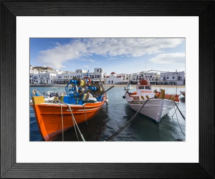 Framed Print : Colourful boats in harbour, whitewashed Mykonos Town (Chora) with windmills and churches Framed Print : Colourful boats in harbour, whitewashed Mykonos Town (Chora) with windmills and churches