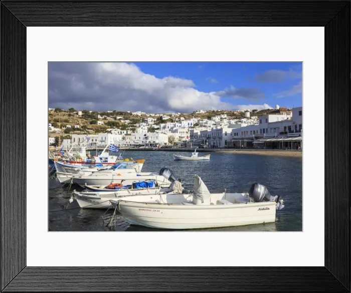 Framed Print : Small boats in harbour, whitewashed Mykonos Town (Chora) with windmills on hillside Framed Print : Small boats in harbour, whitewashed Mykonos Town (Chora) with windmills on hillside