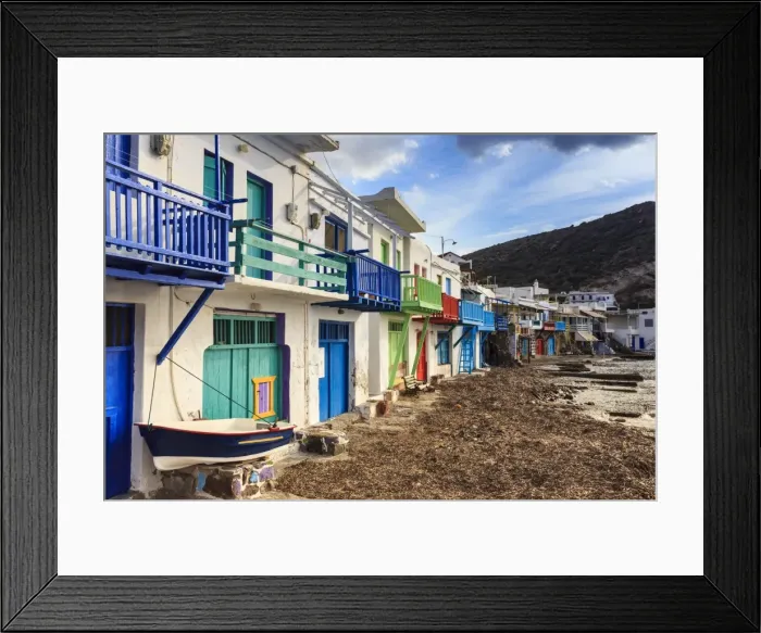 Framed Print : Syrmata, traditional fishermens encampments with brightly painted woodwork, fishing Framed Print : Syrmata, traditional fishermens encampments with brightly painted woodwork, fishing