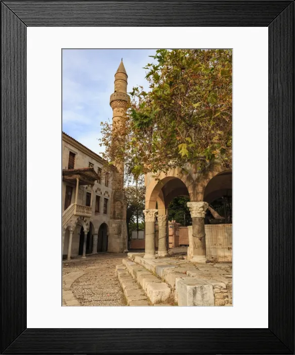 Framed Print : Hippocrates Plane Tree, fountain and mosque, Plateia Platanou, cobblestone square in autumn Framed Print : Hippocrates Plane Tree, fountain and mosque, Plateia Platanou, cobblestone square in autumn