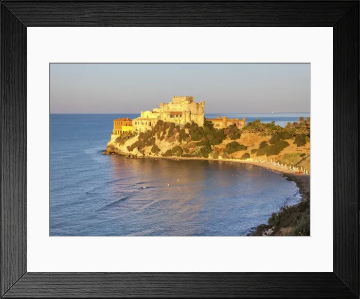 Framed Print : Sunrise on turquoise sea frames the medieval Falconara Castle, Butera, Province of Caltanissetta Framed Print : Sunrise on turquoise sea frames the medieval Falconara Castle, Butera, Province of Caltanissetta