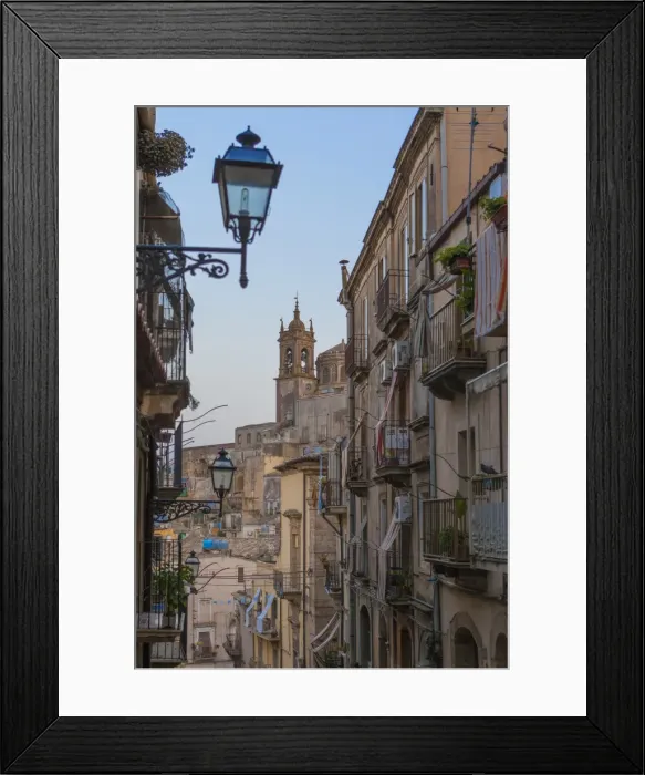 Framed Print : Street lanterns and houses in the typical alleys of the old town, Caltagirone, Province of Catania Framed Print : Street lanterns and houses in the typical alleys of the old town, Caltagirone, Province of Catania