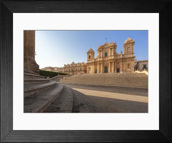 Framed Print : Flight of steps frames the ancient facade of Cattedrale di San Nicola di Mira, Noto Framed Print : Flight of steps frames the ancient facade of Cattedrale di San Nicola di Mira, Noto