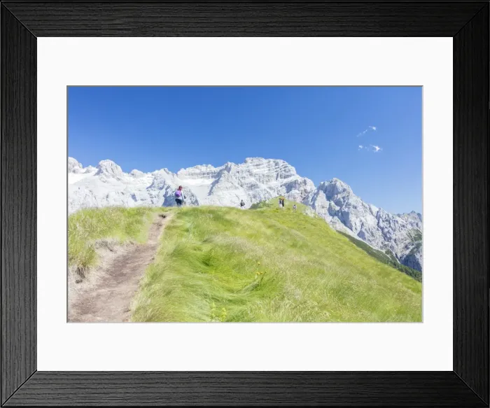 Framed Print : Hikers proceed on the path to the rocky peaks, Doss Del Sabion, Pinzolo, Brenta Dolomites Framed Print : Hikers proceed on the path to the rocky peaks, Doss Del Sabion, Pinzolo, Brenta Dolomites