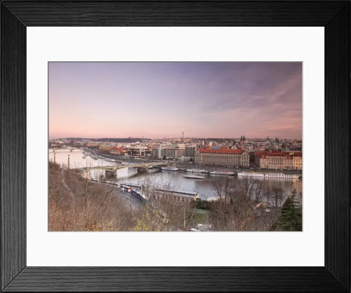 Framed Print : Pink sky on historical bridges and buildings reflected on Vltava River at sunset Framed Print : Pink sky on historical bridges and buildings reflected on Vltava River at sunset