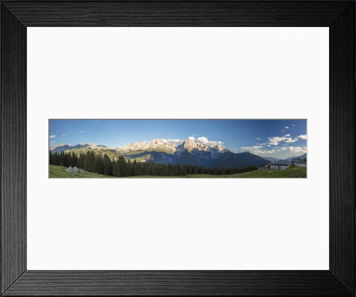 Framed Print : Panorama of meadows and hut framed by peaks, Malga Ritorto, Madonna di Campiglio Framed Print : Panorama of meadows and hut framed by peaks, Malga Ritorto, Madonna di Campiglio