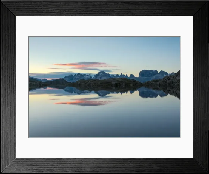 Framed Print : Blue sky and pink clouds reflected in Lago Nero at dawn, Cornisello Pinzolo, Brenta Dolomites Framed Print : Blue sky and pink clouds reflected in Lago Nero at dawn, Cornisello Pinzolo, Brenta Dolomites