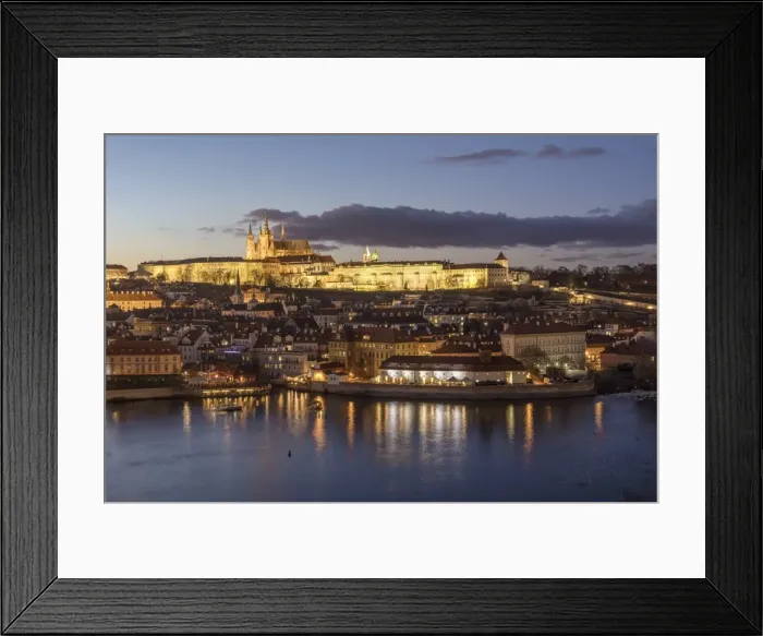 Framed Print : View of the Vltava River framed by historical buildings at dusk, Prague, Czech Republic Framed Print : View of the Vltava River framed by historical buildings at dusk, Prague, Czech Republic
