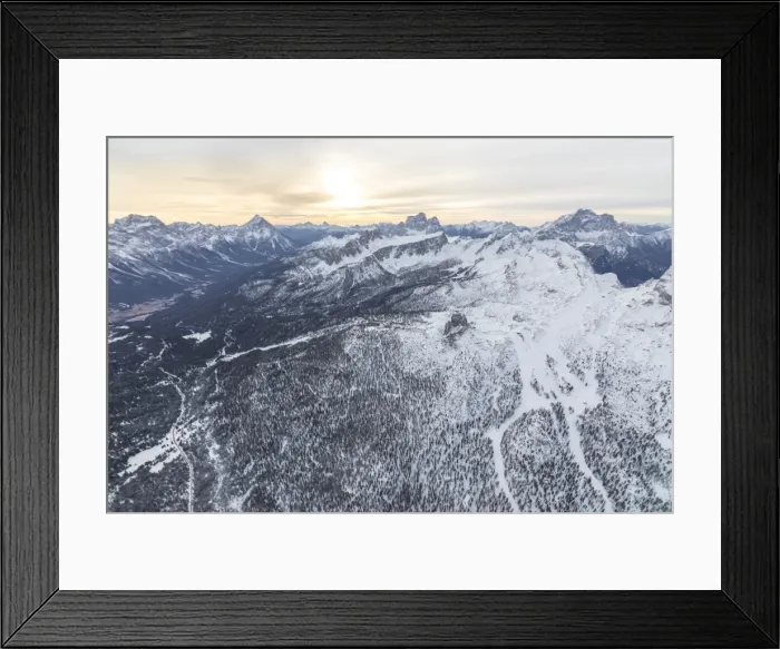 Framed Print : Aerial view of the snowy ridges of the Cinque Torri, Dolomites, Cortina d Ampezzo