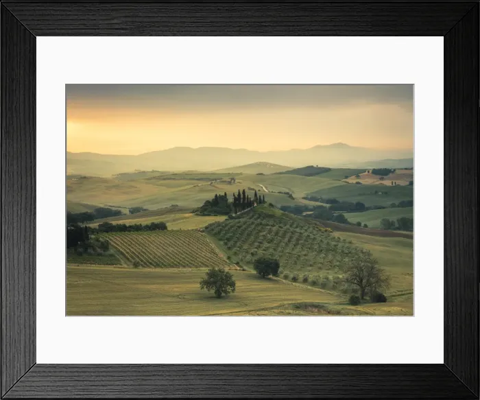 Framed Print : Sunrise on the gentle green hills of Val d Orcia, UNESCO World Heritage Site, Province of Siena Framed Print : Sunrise on the gentle green hills of Val d Orcia, UNESCO World Heritage Site, Province of Siena