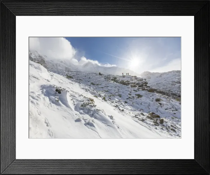 Framed Print : Hikers proceed in the snowy valley of Alpe Fora, Malenco Valley, Province of Sondrio Framed Print : Hikers proceed in the snowy valley of Alpe Fora, Malenco Valley, Province of Sondrio
