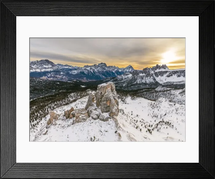 Framed Print : Aerial view of the snowy ridges of the Cinque Torri at dawn, Dolomites, Cortina d Ampezzo Framed Print : Aerial view of the snowy ridges of the Cinque Torri at dawn, Dolomites, Cortina d Ampezzo