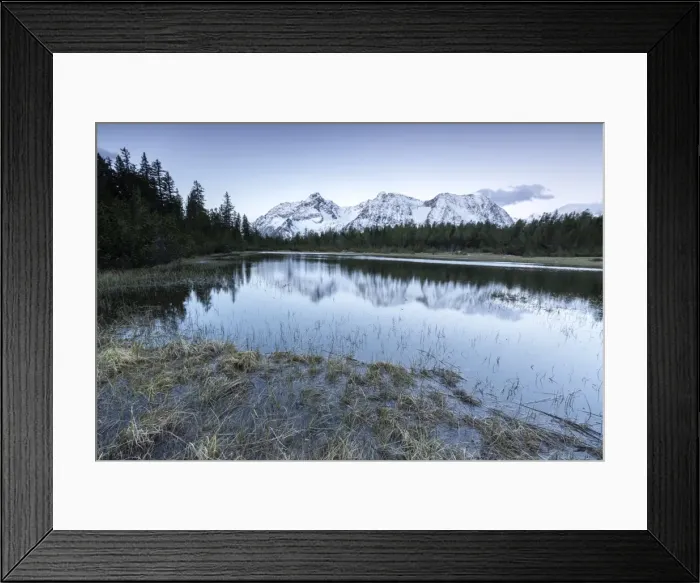Framed Print : Sunrise frames the snowy peaks reflected in Lake Entova, Malenco Valley, Province of Sondrio Framed Print : Sunrise frames the snowy peaks reflected in Lake Entova, Malenco Valley, Province of Sondrio