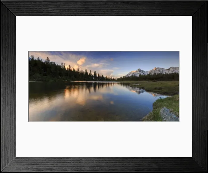 Framed Print : Panorama of Lake Entova at dawn, Malenco Valley, Province of Sondrio, Valtellina